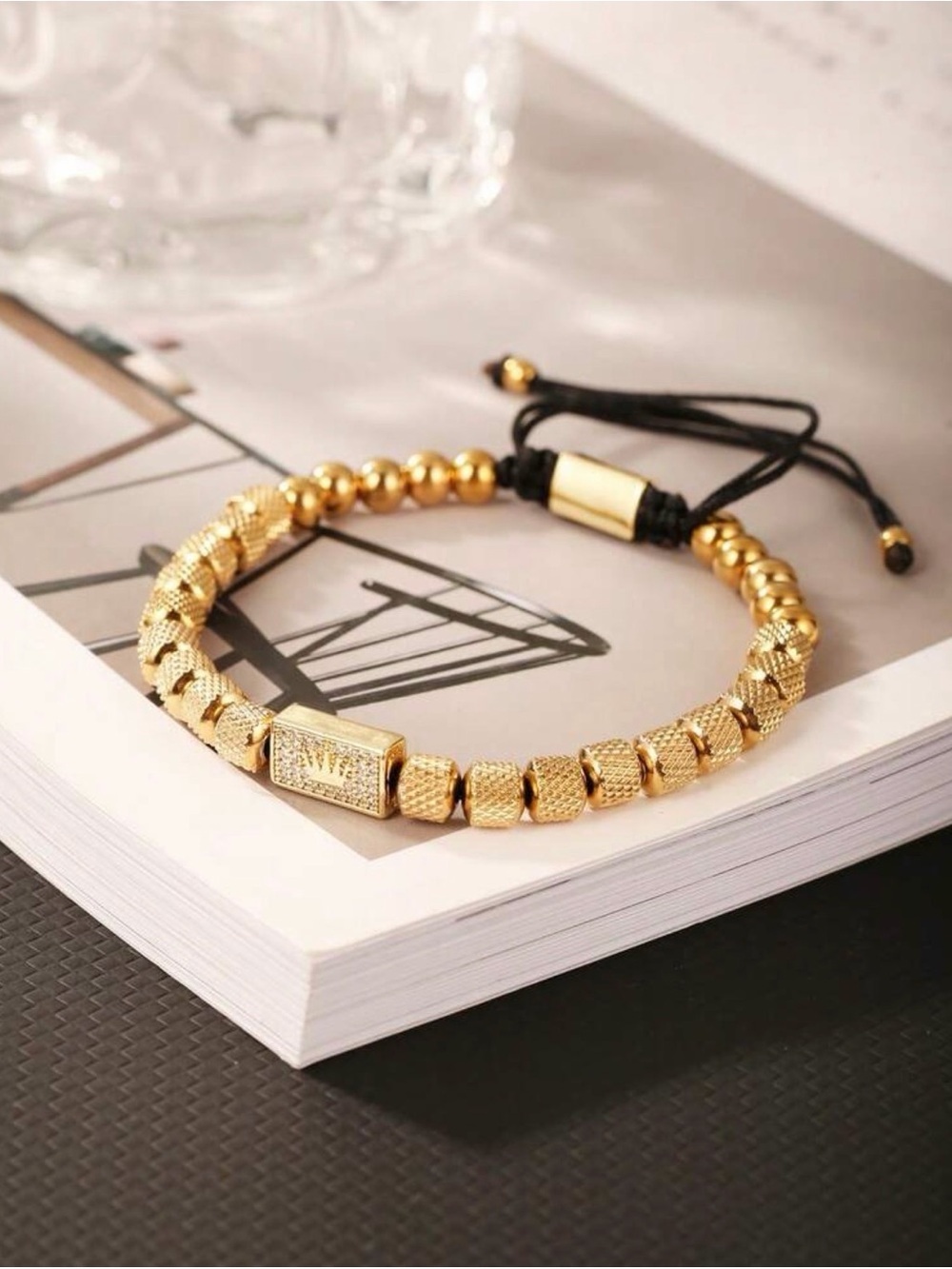 Gold Beaded Men's Bracelet with Black Cord